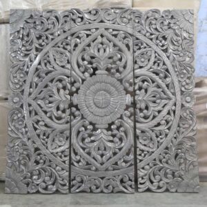 Hand Carved Wall Panel/Headboard in Grey and White Wash