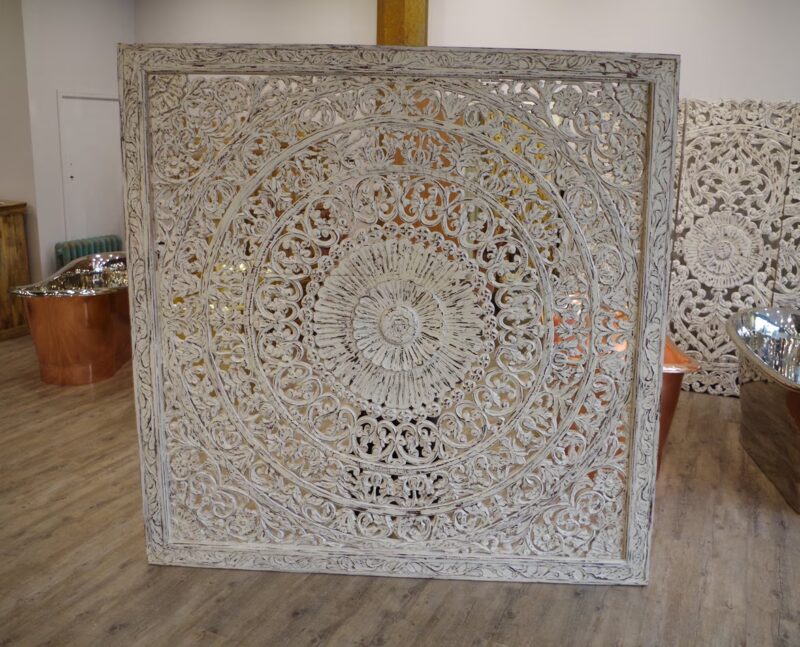 White Wash Mango Wood Hand Carved Wall Panel/Headboard