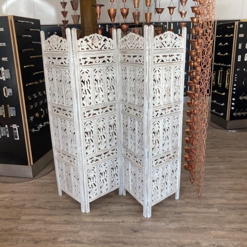 White Wash Mango Wood Carved 4 Panel Screen or Room Divider