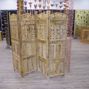 Natural Mango Wood Carved 4 Panel Screen or Room Divider